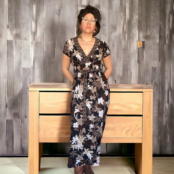 Brown Floral Print Empire Waist V-neck Stretchy Maxi Dress Medium - Picture 1 of 7